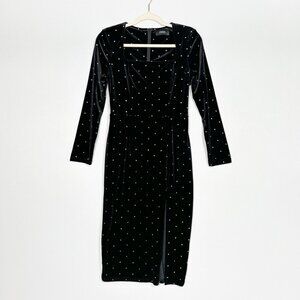 Cider Sz Medium Black Velvet Midi Dress Long Sleeve Polka Dots Party Holiday NYE